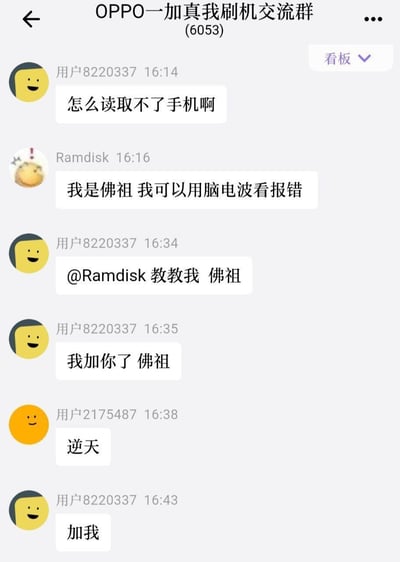 这是一张安卓手机刷机交流群的聊天记录截图，群名称为OPPO一加真我刷机交流群，群内共有6053名成员。对话内容为：用户8220337提问说自己无法读取手机，没有提供具体报错信息；用户Ramdisk调侃式回复「我是佛祖 我可以用脑电波看报错」，暗指提问者没给具体信息，他人无法帮忙排查问题；但提问用户并未理解这是反讽调侃，反而当真，直接称呼Ramdisk为佛祖，表示已经添加对方好友，还让对方添加自己；另一位围观用户评价这段对话为「逆天」，整个对话因美丽的误会产生了强烈的搞笑效果。