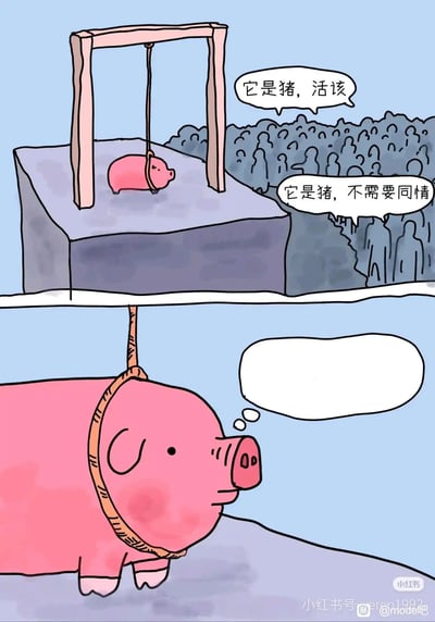 该图为上下两格连环卡通漫画。上格中，一只粉色小猪被绳索吊在木制绞刑架上，下方是灰色平台，背景有密集的深色人群剪影，人群发出对白气泡：“它是猪，活该”和“它是猪，不需要同情”。下格为小猪的特写，它戴着绳索圈，面部表情平静，头部旁有一个空白的思想气泡，形成人群冷漠评论与小猪沉默之间的强烈对比，暗讽基于标签的偏见与无情评判。