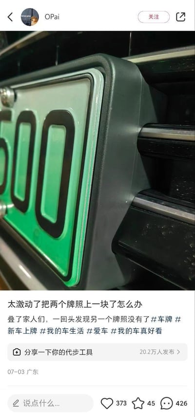 社交媒体截图，展示一辆汽车的绿色新能源车牌（部分数字'500'可见）。车主因新车上牌过于激动，误将两个牌照叠在一起安装，回头发现另一个牌照丢失，配文'太激动了把两个牌照上一块了怎么办 叠了家人们，一回头发现另一个牌照没有了'，表达慌张又无奈的心情，附带#车牌 #新车上牌 等话题标签。