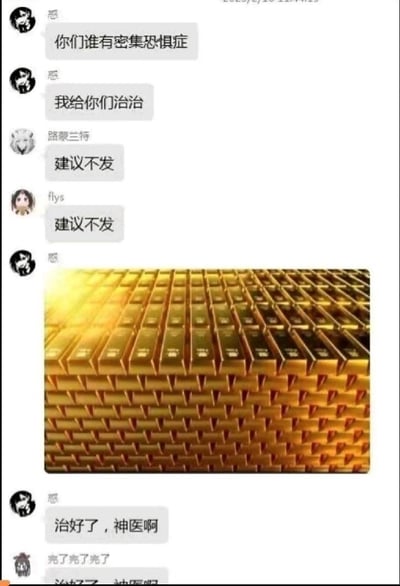 这是一段即时通讯软件的群聊记录截图，用户「慝」先在群里询问谁有密集恐惧症，并表示要为大家治疗，群内用户「路蒙兰特」「flys」回复「建议不发」，随后「慝」发出一张大量金条密集排列的图片，紧接着「慝」和另一位用户「完了完了完了」都调侃道「治好了，神医啊」。这个梗利用了密集恐惧症患者对密集图案的不适，而金条的密集排列反而会让人产生愉悦感，形成强烈反差，达到搞笑调侃的效果，用反常规的方式“治疗”密集恐惧症，充满趣味。