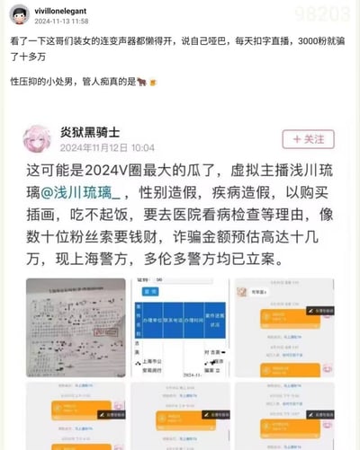 这是一组微博平台的爆料截图，包含两条相关内容：
1. 用户「vivillonelegant」于2024年11月13日发文吐槽，称某虚拟主播伪装女性，以哑巴为借口不开变声器仅靠扣字直播，仅3000粉丝就诈骗粉丝十几万，还调侃相关粉丝为「性压抑的小处男」「管人痴」；
2. 用户「炎狱黑骑士」于2024年11月12日发布核心爆料，指出虚拟主播「浅川琉璃」存在性别造假、疾病造假问题，以购买插画、经济拮据、就医检查等为由，向数十位粉丝索要钱财，诈骗金额预估超十万，目前上海、多伦多两地警方均已立案，同时附上了警方立案相关凭证截图和多份举报反馈截图，部分敏感内容做了马赛克处理。
