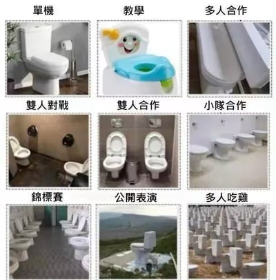 这是一张3x3的九宫格图文混排图片，每个格子中都有一张马桶的照片，并配有对应的中文标签，用来幽默比喻各种游戏模式。具体标签及对应内容如下：第一行从左到右为“單機”（单座独立马桶）、“教學”（带有笑脸图案的儿童马桶盖）、“多人合作”（多个马桶紧密排列）；第二行从左到右为“雙人對戰”（两个相对安装的马桶）、“雙人合作”（并排安装的两个马桶）、“小隊合作”（卫生间内多个马桶）；第三行从左到右为“錦標賽”（多排整齐排列的马桶）、“公開表演”（单个马桶置于开阔背景）、“多人吃雞”（大面积场地内密集分布的马桶）。图片通过将不同配置的马桶与游戏模式进行荒诞类比，营造出搞笑幽默的效果。
