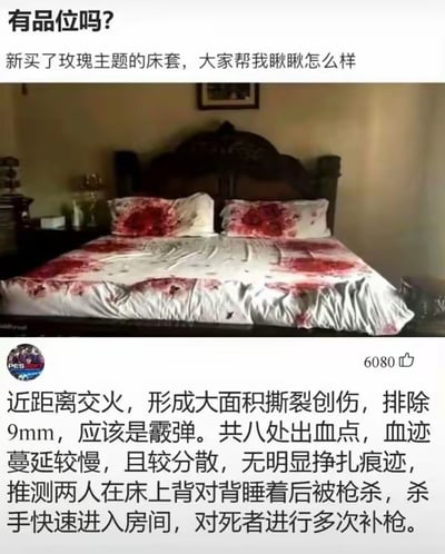 这是一张社交媒体截图，分为上下两部分：上半部分是用户发布的内容，配文“有品位吗？新买了玫瑰主题的床套，大家帮我瞅瞅怎么样”，配图是一张铺着带有大片类似血迹图案床品的床，图案分布在床单和两个枕头上，视觉效果酷似凶案现场；下半部分是一条获6080赞的高评，评论者用专业刑侦分析的口吻调侃：“近距离交火，形成大面积撕裂创伤，排除9mm，应该是霰弹。共八处出血点，血迹蔓延较慢，且较分散，无明显挣扎痕迹，推测两人在床上背对背睡着后被枪杀，杀手快速进入房间，对死者进行多次补枪。” 该内容利用床套图案与凶案血迹高度相似的视觉效果，用刑侦推理的玩笑话制造反差，达到搞笑的效果。