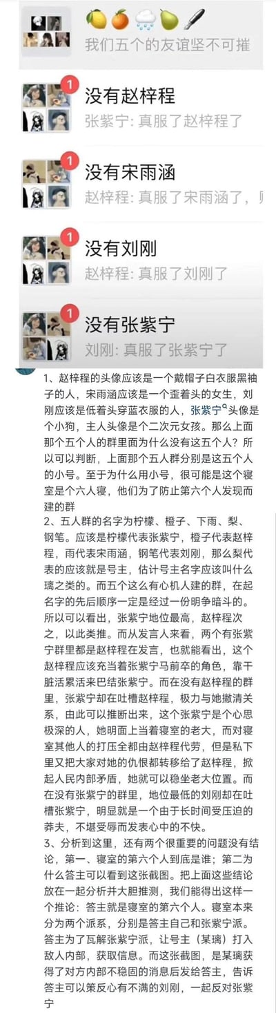 这是一张竖屏图文混排的内容，上方是社交软件的群聊截图：包含一个名为「我们五个的友谊坚不可摧」的五人群，以及四个分别排除赵梓程、宋雨涵、刘刚、张紫宁的小群，每个小群内都有成员吐槽被排除的人。下方是一段脑洞大开的分析文字，通过头像对应、群名的象征意义，推理出这是六人寝中的五人用小号建群，防止第六人发现；还分析了群成员的地位排序、宫斗关系，甚至大胆推测撰写分析的人就是寝室里被孤立的第六人，整个内容充满了对寝室复杂人际关系的趣味解读。