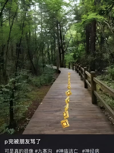 图片展示了一条位于茂密森林中的木质栈道，两侧是高大的绿树和繁盛的植被，环境清幽。栈道中央被P上了一串金色的方形物体，排列成一条轨迹，酷似游戏《神庙逃亡》中的金币。图片底部配有文字：“P完被朋友骂了 可是真的很像 #九寨沟 #神庙逃亡 #神经病”，通过将现实中的自然景观与游戏元素结合，营造出一种幽默搞笑的效果，表达了作者觉得P图后的场景与《神庙逃亡》游戏画面相似的调侃心态。