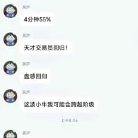这是一张竖屏的社交软件聊天记录截图，用户“吴彦”连续发送四条消息，先是晒出“4分钟55%”的交易收益战绩，紧接着宣告“天才交易员回归！”“盘感回归”，最后表达了“这波小牛我可能会跨越阶级”的期待，展现出在交易市场获得收益后的兴奋与对后续行情的十足信心，推测是在股票、加密货币这类交易场景下的分享内容。