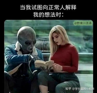 这张梗图上方配有文字“当我试图向正常人解释我的想法时：”，画面呈现了一个外星人和一位金发女性并排而坐的场景：外星人穿着牛仔外套，手指着两人共同看着的书本，神情认真专注，似乎在努力讲解内容；而金发女性低头盯着书本，脸上露出困惑不解的神情。这张图用外星人和人类之间巨大的思维差异做比喻，生动形象地表达了当自己的想法和普通人的思维不在同一频道时，费力解释却不被理解的无奈与尴尬，精准戳中很多人在沟通时遇到的类似窘境，没有双关、谐音梗或暗示内容。