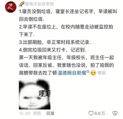 这是一张国内社交平台的高赞用户评论截图，发布用户昵称为“霍格沃兹痞老板”，发布地为湖南，发布时间为12月20日，获赞6.6万。内容为用户分享自己开学第一天的离谱经历：作为寝室长因寝员没倒垃圾被连坐，早读被叫回去倒垃圾；早读离校走动被监控拍到；出部刷脸被判定为非正常时段被系统记录；倒完垃圾返校打卡被记迟到，随后被年级主任、年级校长、班主任共同谈话要求回家反省。本应受到家人批评的用户却得到父亲的安抚，父亲不仅没有指责他，反而拍他的肩膀带他去吃了温德姆自助餐。内容下方配有一张标注有“哽咽”字样的模糊熊猫头表情包，整体内容充满反差感，既展现了校园严格的管理规定，又体现了父亲的温暖包容，颇具笑点。