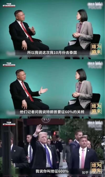 这是由三部分视频截图拼接而成的梗图，前两截是学者张维为在访谈节目《维为道来》中，讲述自己10月在泰国被记者问及特朗普要征60%关税的经历；第三截搭配特朗普公开活动的画面，配文“我说你叫他征600%”，用夸张的回应方式表达对该关税言论的态度，风格幽默戏谑，传递出一种从容应对的底气。
