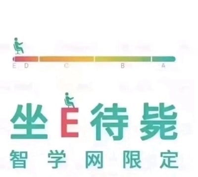 这是一张针对智学网成绩评级系统创作的图文混排静态梗图。图中上方是一个从右到左分为A、B、C、D、E五个等级的进度条，E为最差等级，有一个卡通小人坐在E等级的位置；下方是绿色字体的「坐E待毙」，其中代表成绩等级的'E'字用红色突出，谐音成语「坐以待毙」，下方还有「智学网限定」的绿色文字。该图通过谐音梗调侃在智学网的成绩评级中处于E等级的学生，用幽默的方式表达成绩不佳的无奈情绪，属于学生群体创作的玩梗内容。