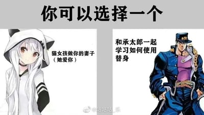 这是一张左右分栏的静态图文混排梗图，顶部用醒目的黑色大字写着“你可以选择一个”，为观看者抛出趣味二选一的选择题。左侧栏是一位穿着带猫耳连帽衫的白发二次元猫系女孩，她眼神柔和，面带腼腆笑意，姿态乖巧，旁边配文“猫女孩做你的妻子（她爱你）”；右侧栏是经典动漫《JOJO的奇妙冒险》中的高人气角色空条承太郎，他表情冷峻，双手插兜站姿挺拔，旁边配文“和承太郎一起学习如何使用替身”。图片底部中间带有微博用户“@咕咕咕_乐”的水印，整体内容是给网友提供一个充满趣味性的抉择选项，一边是拥有爱自己的猫系美少女伴侣，另一边是跟着强大的动漫角色学习特殊能力，契合二次元爱好者的喜好。