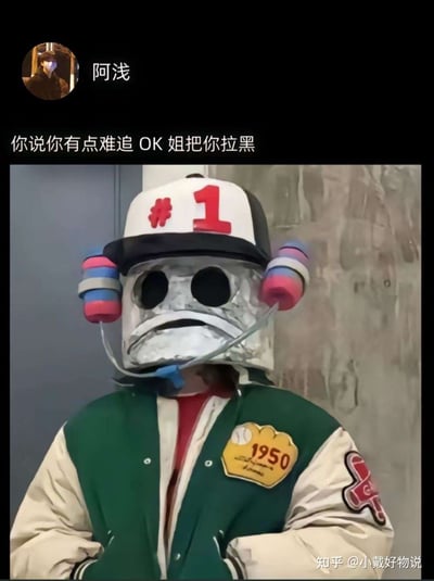 这张图片上方是一句网络评论“你说你有点难追 OK 姐把你拉黑”，配图是一位穿着棒球夹克、戴着手工机器人头套的真人，头顶帽子上写着#1，面具表情沮丧。整体气氛搞笑又无奈，是社交网络中被拉黑、自嘲自己的搞笑用图。文字和图片的反差，放大了“主动却被拉黑”的尴尬和丧气感。没有谐音梗，但适合表达自嘲和社死场景。