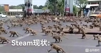 这是一张文字加注的趣味梗图，画面主体是大量猴子在城市马路上聚集、四处跑动，几乎占据了整个路面，背景中能看到少量车辆、建筑物以及零星行人。图片底部配有白色文字“Steam现状：”，用猴子泛滥、场面混乱无序的画面，夸张地比喻Steam游戏平台玩家数量众多、平台内状态热闹繁杂的现状，是游戏玩家社群中用来调侃Steam平台的创作内容。