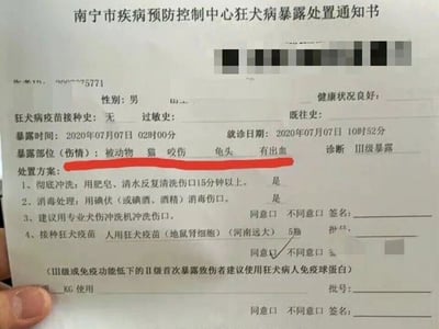 这张图片展示的是一份南宁市疾病预防控制中心出具的狂犬病暴露处置通知书，文书上方有部分信息被马赛克处理。通知书记录了一名男性患者的相关情况：该患者健康状况良好，无狂犬病疫苗接种史，于2020年7月7日2时被猫咬伤龟头且有出血，当日10时52分就诊，被诊断为III级狂犬病暴露。处置方案包含四项：1.用肥皂、清水反复清洗伤口15分钟以上，该项已完成；2.用碘伏或碘酒、酒精消毒伤口，该项已完成；3.建议使用专业犬伤冲洗机冲洗伤口，需患者选择同意或不同意并签名；4.接种5瓶河南远大人用狂犬疫苗（地鼠肾细胞），患者已勾选同意该项目。同时文书提示III级或免疫功能低下的II级首次暴露致伤者建议使用狂犬病人免疫球蛋白，相关项目也设置了同意/不同意选项和签名栏。其中暴露部位的描述被红色线条重点标注，图片下方可见一只手的部分手指，似乎在持有这份文书。