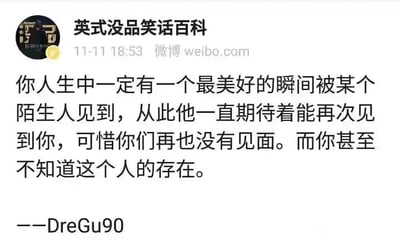 这是一张来自微博平台的社交媒体静态截图，发布账号为“英式没品笑话百科”，发布时间为11月11日18:53。截图主体是一段由DreGu90创作的感性文字，内容描绘了一个充满隐秘遗憾的人生场景：每个人或许都曾在自己不知情的情况下，将人生里最美好的瞬间展现在某个陌生人眼前，此后这个陌生人一直期盼能再次相遇，可双方却再也没有交集，这份单向的惦念成为了无人知晓的温柔遗憾。文字风格细腻怅惘，容易触动读者，引发关于人生中错过的陌生际遇的情感共鸣。截图左上角带有账号头像的“浮世”标识，顶部则标注了发布账号、时间与平台信息，整体为纯文字类的社交媒体发布内容。