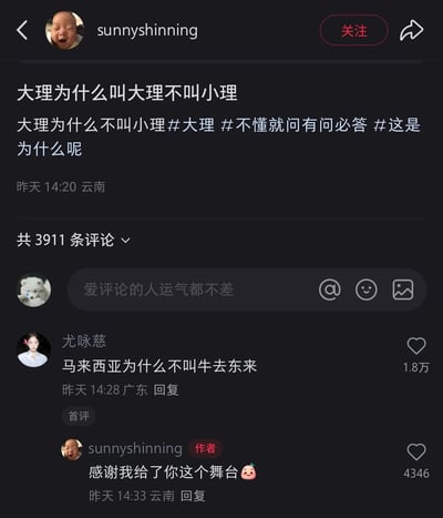 这是一张来自抖音平台的社交媒体截图，用户sunnyshinning于云南发布了一条无厘头提问，内容为“大理为什么叫大理不叫小理”，并搭配#大理 #不懂就问有问必答 #这是为什么呢 三个话题标签。评论区首评用户尤咏慈用谐音梗“马来西亚为什么不叫牛去东来”回应该提问，这条评论收获了1.8万点赞；提问作者随后回复“感谢我给了你这个舞台🥰”，该回复获得4346点赞。整体内容充满趣味性，通过无厘头提问和谐音梗回复形成互动，引发网友关注。
