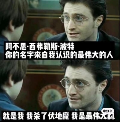 这是一张基于《哈利·波特与死亡圣器（下）》结尾场景二次创作的搞笑梗图，分为上下两部分，使用相同的成年哈利波特与儿子对话的影视截图。上部分配文还原了原著中哈利提及儿子名字来源自他心中最伟大的人的情节，下部分则将配文改编为哈利自夸“就是我 我杀了伏地魔 我是最伟大的”，通过颠覆原著中致敬邓布利多与斯内普的温情情节，用自夸的反差感制造幽默效果。