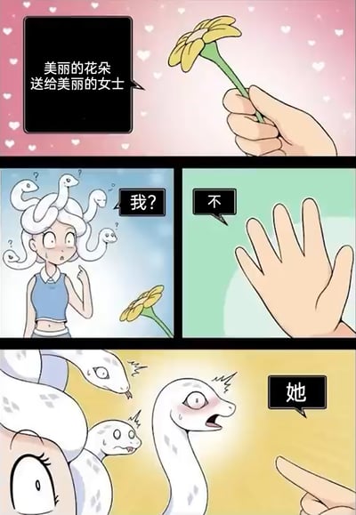 这是一则趣味改编的四格连环漫画，改编自希腊神话中的蛇发女妖美杜莎的形象。第一格画面背景是粉色带爱心，一只手拿着黄色小花，配文“美丽的花朵送给美丽的女士”；第二格是美杜莎，她有着蛇形头发，一脸疑惑地指着自己，头上的小蛇也都带着问号，配文“我？”；第三格是那只手做出摆手拒绝的动作，配文“不”；第四格是手指向美杜莎头上的一条小蛇，这条小蛇脸红且惊讶，其他小蛇也露出错愕的神情，配文“她”。漫画通过将送花对象从美杜莎本人转移到她头上的小蛇，制造出意料之外的反差，形成搞笑效果，是对经典神话形象的趣味解构。