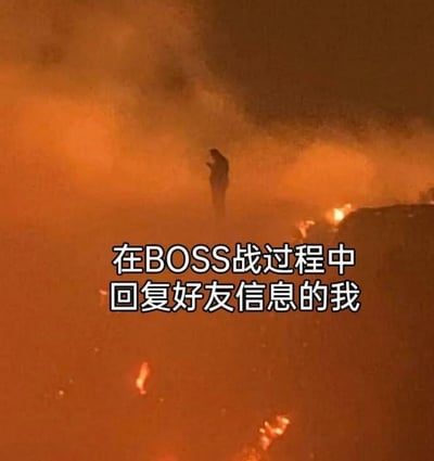 这是一张游戏玩家自制的搞笑梗图，画面背景是一片被火光笼罩、充满紧张危险氛围的场景，中间有一个模糊的人物剪影，仿佛在危机四伏的环境里艰难维持着状态。图中配文“在BOSS战过程中回复好友信息的我”，精准调侃了游戏玩家在紧张的BOSS对战中途，被迫分心回复好友消息时，既要紧盯战局防止失败，又要快速编辑消息回复的窘迫两难状态，用夸张的危险画面放大了游戏时被消息打扰的紧张感与滑稽感，能让有类似经历的玩家产生强烈共鸣。