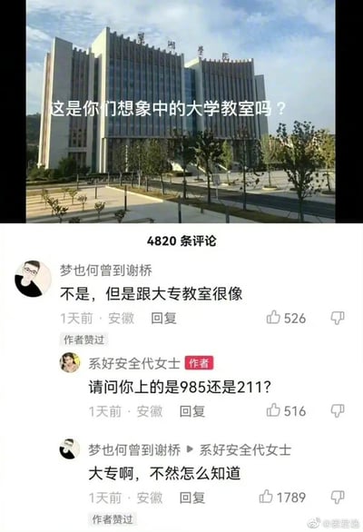 这张图通过展示一栋宏伟的教学楼，并在上放上“这是你们想象中的大学教室吗？”字样，下方配有网友评论对话，进行了一场关于大学和大专教室差异的调侃。评论里的网友用自嘲和幽默回应了“985”/“211”与“大专”之间的社会认知落差，激起网友共鸣，形成了教育层级梗，适合在教育话题、段子、共鸣吐槽等场景下传播。

本图包含典型的高等教育层级梗、学历自嘲，带有轻微的自黑与网络幽默氛围。