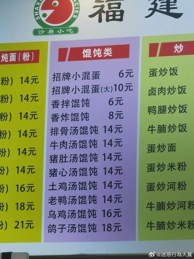 这是一张福建沙县小吃门店的实拍菜单，菜单分为炖面（粉）、馄饨类、炒品三个区域，标注了各类餐品的价格。其中最引人注目的是馄饨类里的“招牌小混蛋”，实际应为“招牌小馄饨”，属于明显的错别字，意外造成了搞笑的谐音效果，让普通的菜单变得滑稽有趣。菜单里还包含了香拌、香炸、各类汤品馄饨，以及炒饭、炒面等常见沙县小吃餐品，价格从6元到21元不等。
错别字梗说明：将“小馄饨”错写为“小混蛋”，属于失误造成的搞笑谐音，成为整图的笑点核心。