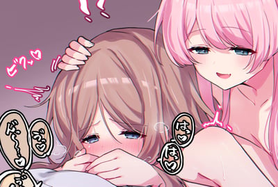 这是一幅充满暧昧氛围的二次元百合向插画，画面中粉发少女面带软萌的笑意，露出小尖牙，正温柔地抚摸棕发少女的头顶；棕发少女脸颊通红，双手紧紧捂住脸，身体因为害羞而微微发颤。图中的日文拟声词和动态线条，进一步烘托出两人之间亲昵又羞涩的互动感，整体风格软萌治愈，充满了少女间的细腻情愫。