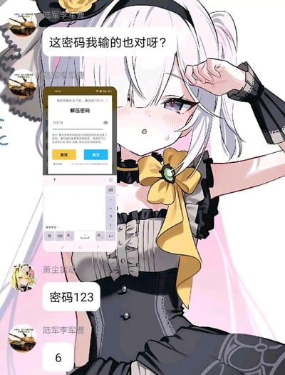 这是一张结合二次元插画与手机聊天记录的搞笑图片，背景是一位表情困惑、单手扶额的白发二次元女孩，聊天记录里用户“陆军李军曹”遇到解压密码问题，他误将压缩包文件名“123.7z”当成密码输入，疑惑为什么密码不对，另一位用户“萧尘雷动”告知正确密码是“123”，“陆军李军曹”回复“6”，表现出自己犯了低级错误的无奈，是一个关于解压密码的乌龙趣事。