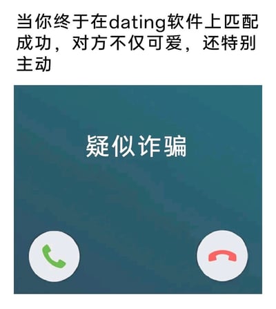 这是一张讽刺交友软件诈骗现象的搞笑梗图，上方文字构建了一个用户的期待场景：在约会交友软件上成功匹配到既可爱又主动的对象，让用户满怀期待；下方则是手机来电界面，界面中间显示“疑似诈骗”的提示，形成强烈的反差感。这种反差既戳中了当下人们使用交友软件时的焦虑，也调侃了如今交友软件中诈骗套路频发的现状，提醒人们面对过于“完美”的交友对象时要提高警惕，防范诈骗。