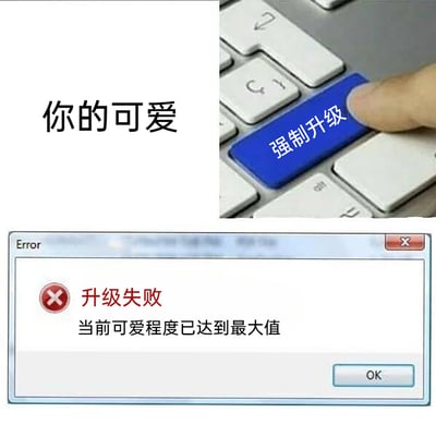 这是一张由两部分拼接而成的趣味P图：上半部分左侧配有文字“你的可爱”，右侧是一只手指按下键盘上被标注为“强制升级”的蓝色按键；下半部分是模仿Windows系统风格的错误提示窗口，窗口标题为“Error”，内有红色叉号图标，提示文字为“升级失败 当前可爱程度已达到最大值”，右下角有“OK”按钮。整张图通过模拟电脑系统升级失败的场景，以幽默的方式夸赞对方的可爱程度已经达到顶峰，无法再提升，是适合在社交场景中用来表达喜爱和赞美的创意梗图。