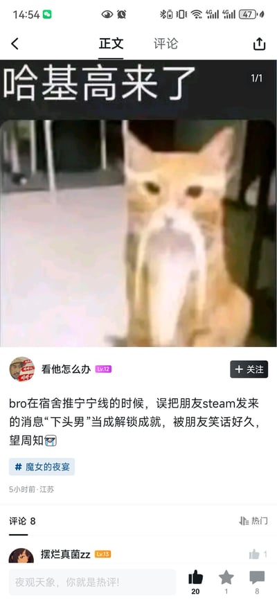 这是一条ACG社交平台的用户动态，顶部是一张经过P图改编的橘猫表情包，猫咪脸部被P出白色的类似小胡子的图案，配文“哈基高来了”；下方是用户“看他怎么办”分享的个人社死经历：自己在宿舍推《魔女的夜宴》宁宁线时，误将朋友Steam发来的消息“下头男”认成游戏解锁的成就，因此被朋友笑话许久，末尾还配上了笑哭的表情。内容无谐音梗或双关含义，主打真实搞笑的社死场景。