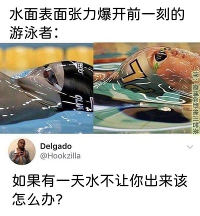 这张梗图由上下两部分构成：上方是两张左右排列的游泳运动员实拍图，呈现了游泳者头部即将冲破水面的瞬间，水面的表面张力让水在他们脸上形成了类似薄膜的覆盖效果，配文标注“水面表面张力爆开前一刻的游泳者：”；下方是推特（X）用户Delgado（@Hookzilla）的评论截图，配文“如果有一天水不让你出来该怎么办？”。图中利用水面张力的特殊视觉效果，夸张地营造出“水要困住人”的诡异又搞笑的脑洞场景。针对图中的问题，现实里水的表面张力不足以困住人类，若遇到类似视觉上的“被困”，可以通过手臂划水、身体向上发力的方式轻松冲破水面，这只是一个夸张的玩笑设定。