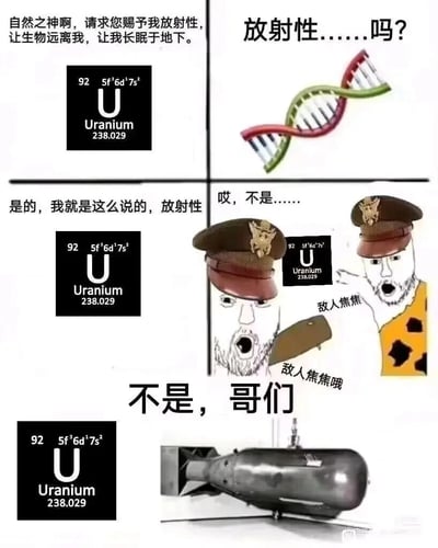 这是一组三行两列的连环搞笑梗图，核心围绕铀元素（U，原子序数92）的“愿望”展开错位反差笑点：
第一行：左侧是铀元素的周期表标识，配文为铀元素向“自然之神”祈求获得放射性，希望借此让生物远离自己、长眠地下；右侧是DNA的图示，配文“放射性……吗？”，暗示放射性最初关联的是生物DNA层面的影响。
第二行：左侧铀元素再次强调自己的诉求是“放射性”，右侧是两个拟人化的搞笑角色（军装形象和野人形象），配文“哎，不是……”“敌人焦焦”“敌人焦焦哦”，用夸张的表情和谐音梗暗示铀的放射性的实际应用方向并非元素的“愿望”。
第三行：左侧依旧是铀元素的周期表标识，右侧是原子弹的实物图，配文“不是，哥们”，直接点明铀元素的放射性最终被人类用于制造核武器，完全背离了它想要“长眠地下、远离生物”的初始愿望，通过层层递进的错位，将化学元素的特性和人类对其的应用结合，产生荒诞搞笑的效果。