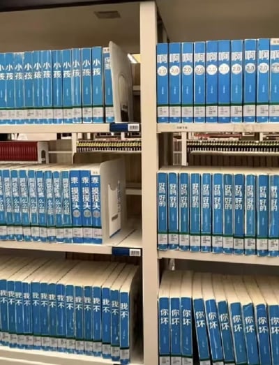 图片展示了图书馆的书架场景，多层白色书架上整齐排列着大量蓝色封面书籍。这些书籍的标题设计极具趣味性，均由重复的中文词汇构成：上层左侧书架是“小小小小小”系列，上层右侧则是“啊啊啊啊啊 2.0”；中层左侧为“乖乖摸摸头”，中层右侧是“好好好的”；下层左侧是“我不我不我不”，下层右侧则是“你坏你坏你坏”。整体画面通过夸张的重复书名营造出幽默搞笑的效果，仿佛在调侃内容简单或标题敷衍的书籍。
