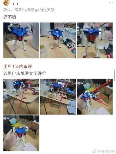 这是一张拼接的电商平台商品评价截图，商品为高高品牌的HG元祖高达G40拼装模型（赠送支架）。用户初次评价时配文“还不错”，并展示了组装完成的元祖高达G40模型；1天内用户进行追评，未填写文字评价，仅展示了自己魔改后的模型——将元祖高达模型与强袭高达的空战背包结合，还拍摄了手持魔改模型的画面，把原本的元祖模型改造成了近似强袭高达的样式，充满模玩爱好者的趣味创作感，是一则搞笑又有创意的商品追评。
