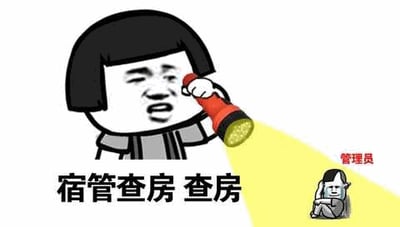 图片左侧是一个卡通化的宿管角色，顶着黑色齐刘海发型，面部表情严肃且带着一丝急迫，正手持红色手电筒向前照射出黄色光束。角色下方配有醒目文字“宿管查房 查房”，强化主题。右下角有一个小型灰色人物形象，标注“管理员”，呈现抱头蹲坐的姿势，表情无奈又苦恼，仿佛正经历突击检查的学生。整体通过夸张的表情和对比鲜明的角色动作，幽默展现宿舍查寝时的紧张与戏剧性场景，充满校园生活气息。