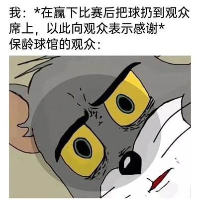 图片上方为文字描述：“我：*在赢下比赛后把球扔到观众席上，以此向观众表示感谢* 保龄球馆的观众：”，下方是《猫和老鼠》中Tom的面部特写。Tom双眼圆睁呈黄色，眉毛紧锁，表情愤怒中带着一丝威胁，生动展现了保龄球馆观众面对被扔出保龄球时的惊恐与不满反应。通过将常见的体育赛后感谢行为（扔球给观众）与保龄球的特殊性（球重易伤人）结合，形成幽默反差。