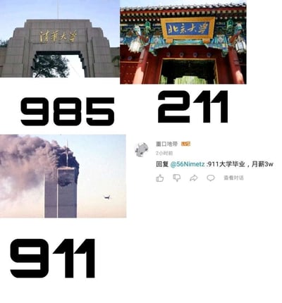 这是一张网络趣味玩梗的图文拼接图，将代表中国顶尖高校的985、211标签，分别对应清华大学校门、北京大学校门；接着用美国911恐怖袭击事件中世贸大厦被撞击的画面，对应“911大学”的玩笑说法，搭配B站用户“重口地带”的评论“911大学毕业，月薪3w”，通过谐音和场景联想，调侃职场高薪与“名校出身”的关联，是网络上对高校标签和职场薪资话题的趣味二次创作。