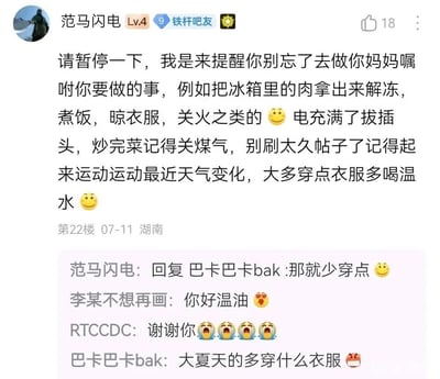 这是一张来自百度贴吧的评论区截图，发布于2024年7月11日，发布地为湖南。用户“范马闪电”（Lv.4 铁杆吧友）发布了一条充满生活气息的暖心提醒，内容涵盖了解冻肉类、煮饭、关火、拔充电插头、关闭煤气、适度运动、添衣喝水等日常琐事，语气亲切温暖。在这条评论下方，其他用户进行了互动：用户“巴卡巴卡bak”吐槽大夏天不需要多穿衣服，“范马闪电”幽默回应让其少穿点；用户“李某不想再画”夸赞楼主温柔，用户“RTCCDC”则用多个哭泣表情表达感谢，整体互动氛围轻松又温馨，展现了社区里的暖心日常。