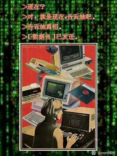 这是一张融合复古与赛博风格的meme梗图，背景采用经典科幻电影《黑客帝国》的绿色数字雨，营造出神秘的信息传递氛围；上方配有类似系统指令的文字，内容为催促发送包含“真相”的数据包。画面主体是复古拼贴插画，一位短发女性被多台老式台式电脑、软盘等早期电子设备环绕，正专注操作面前的电脑，旧时代的科技产品与赛博感的指令文字形成强烈反差，构建出一种在复古场景中执行秘密信息任务的荒诞又带点严肃的趣味感。