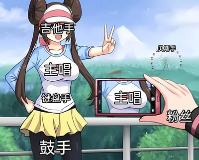 一幅卡通风格插画，描绘了一位扎着双马尾、戴着遮阳帽的女孩在户外被粉丝用手机拍照的场景。女孩穿着蓝白相间的上衣和黄色短裙，面带笑容比出胜利手势。画面中用文字标注了女孩身体不同部位分别代表乐队的不同成员：头部标注"吉他手"，胸前标注"主唱"，左侧标注"键盘手"，下半身标注"鼓手"，远处摩天轮旁标注"贝斯手"，拍照的手旁标注"粉丝"。这种设计幽默地表达了"一个人就是一支乐队"的概念。