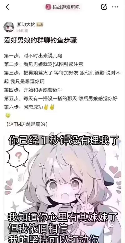 这是百度贴吧「核战避难所吧」用户「絮叨大伙」发布的整活内容，分享了一套针对男娘群体的「群聊钓鱼网恋六步曲」：1. 时不时刷存在感；2. 骂对方引起注意；3. 骂火后道歉求原谅；4. 套近乎；5. 日常聊天刷好感；6. 网恋成功，还标注「这TM居然是真的」。帖子下方搭配了一张软萌卡通女孩的表情包，配文「你已经1秒钟没有理我了」「我知道你心里有其妹妹了但我依旧相信我的坚持可以打动你」，表现出粘人委屈的情绪，整体内容搞笑戏谑，用来调侃特殊的网恋套路，没有双关、谐音梗等内容。