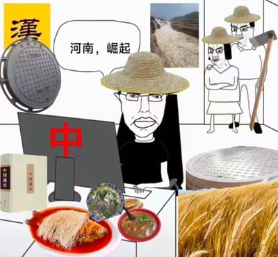 这是一张多元素拼贴梗图，中心是一位戴草帽、表情严肃的卡通人物坐在电脑前办公，电脑屏幕显示红色“中”字。人物上方有一个白色对话框，内写“河南，崛起”。周围环绕着多种河南相关元素：左上角黄色背景的“漢”字标识与井盖图案，左下角《中国通史》书籍和一桌河南特色美食（红烧鱼、胡辣汤、烧饼），右侧是两位戴草帽、持锄头的农民卡通形象，背景中穿插黄河景观照片和金黄的小麦田。整体通过文化符号（漢、史书）、农业元素（黄河、小麦、农民）、地域美食和“中”字等元素，表达对河南发展的期许与自豪感。