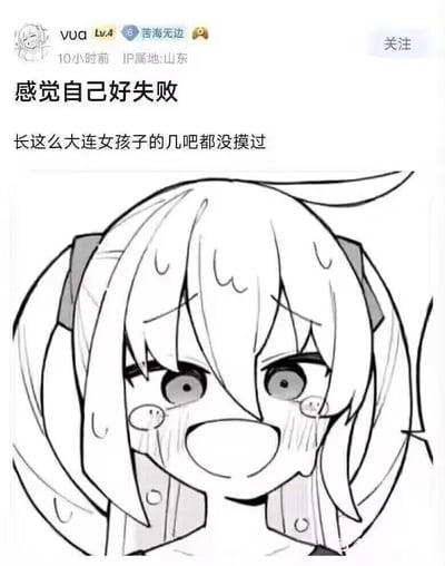 这是一张被转发分享的中文社区论坛帖子截图，截图上方显示帖子发布者为IDvua的Lv4用户，IP属地山东，发布于10小时前；帖子文案内容为“感觉自己好失败，长这么大连女孩子的几吧都没摸过”；文案下方配有一幅黑白手绘的二次元少女头像，少女双眼圆睁，脸上挂着泪水、布满汗珠，呈现出崩溃大哭、悲伤沮丧的表情。该内容利用文字歧义制造玩梗效果，第一眼会让观者产生低俗联想，因此被调侃为“玩这么变态”。