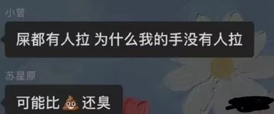 这是一张聊天记录截图，背景为带有模糊花朵图案的界面。用户“小曾”以夸张的对比句式发出单身吐槽：“屎都有人拉 为什么我的手没有人拉”，表达自己单身无人牵手的郁闷情绪；用户“苏星原”则给出扎心的调侃回复：“可能比💩还臭”，并搭配便便表情，用戏谑的方式回应对方的吐槽，整体对话充满朋友间趣味互怼的搞笑氛围，自带自嘲与幽默的效果。