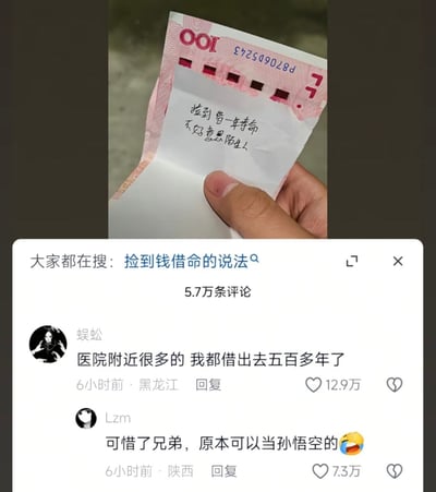 图片分为上下两部分，上半部分展示了一只手捏着一张100元人民币，人民币上夹着一张手写白纸，文字为“捡到 借一年寿命 不好意思陌生人”，对应民间“捡路边的钱会被借走寿命”的迷信说法；下半部分是社交媒体的评论区界面，顶部显示相关搜索为“捡到钱借命的说法”，共有5.7万条评论，两条高赞评论分别为用户“蜈蚣”发布的“医院附近很多的 我都借出去五百多年了”，获赞12.9万，以及用户“Lzm”回复的“可惜了兄弟，原本可以当孙悟空的”并搭配笑哭表情，获赞7.3万，两条评论用玩梗的方式调侃了该迷信说法，笑点密集。