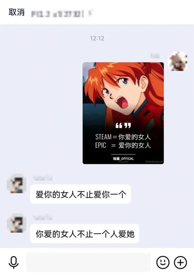本图是一张聊天截图，核心内容为一张动画角色明日香的经典表情包，配文“STEAM=你爱的女人，EPIC=爱你的女人”，下方有延伸段子“爱你的女人不止爱你一个，你爱的女人不止一个人爱她”。表达了对于不同游戏平台（STEAM、EPIC）的用户情感的调侃和比喻，巧妙将平台之间的争议具象化为感情段子，具有浓重的双关和社交娱乐氛围。

特别说明：STEAM和EPIC分别类比“你爱的人”和“爱你的人”，形成搞笑、带点苦涩的双关语梗。