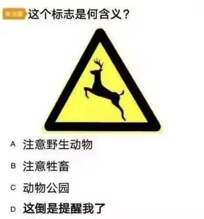 图片展示了一个交通标志问答场景：上方为黄色三角形警告标志，内部有黑色跳跃鹿形图案，标志上方配有文字“这个标志是何含义？”。标志下方列出四个选项，其中A至C为常规交通标志含义选项（A.注意野生动物、B.注意牲畜、C.动物公园），而D选项“这倒是提醒我了”为无厘头幽默回答，与严肃的交通标志问答形成反差，制造搞笑效果。