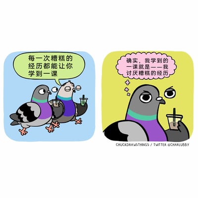 这是一幅由两格画面组成的原创卡通漫画，主角是两只拟人化的鸽子，它们都拿着饮品，做出人类走路的姿态。第一格画面中，一只闭眼的鸽子摆出说教的姿态，说出常见的励志话术：“每一次糟糕的经历都能让你学到一课”；第二格画面切换到另一只鸽子的特写，它露出嫌弃、无奈的表情，内心吐槽回应：“确实，我学到的一课就是——我讨厌糟糕的经历”。漫画通过反鸡汤的方式，打破了传统的励志叙事，用幽默直白的表达传递出人们面对糟糕经历时真实的负面情绪，引发共鸣。