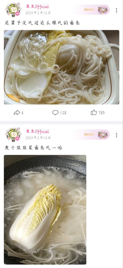 该图为社交媒体用户“果虫Official”于2024年2月16日发布的两条图文动态拼接。上方图片展示一碗盛在白色容器中的面条，面条缠绕且伴有大片娃娃菜，配文“这辈子没吃过这么难吃的面条”；下方图片为正在锅中煮制的面条，整颗娃娃菜直接放入锅中与面条同煮，配文“煮个娃娃菜面条吃一哈”。两条动态形成鲜明对比，展现了从烹饪初衷到成品体验的“翻车”过程，充满生活气息的吐槽感。