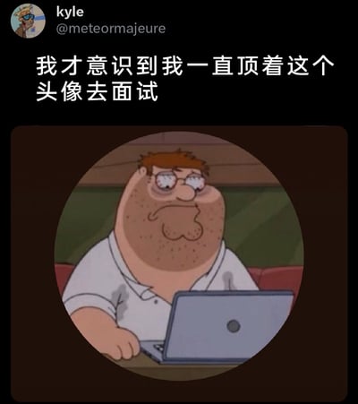 这是一张X（原Twitter）平台的用户动态截图，用户kyle（@meteormajeure）发布内容称自己才意识到，在面试过程中一直使用了一张看起来极度疲惫的动画角色头像。配图是美国成人动画《恶搞之家》里的主角Peter Griffin，该角色双眼布满红血丝，面容憔悴、神情萎靡，呈现出劳累不堪的状态。这条动态传递出一种职场社死的搞笑与无奈感，戳中了人们在重要场合忽略细节的尴尬瞬间，用反差感制造了幽默效果。